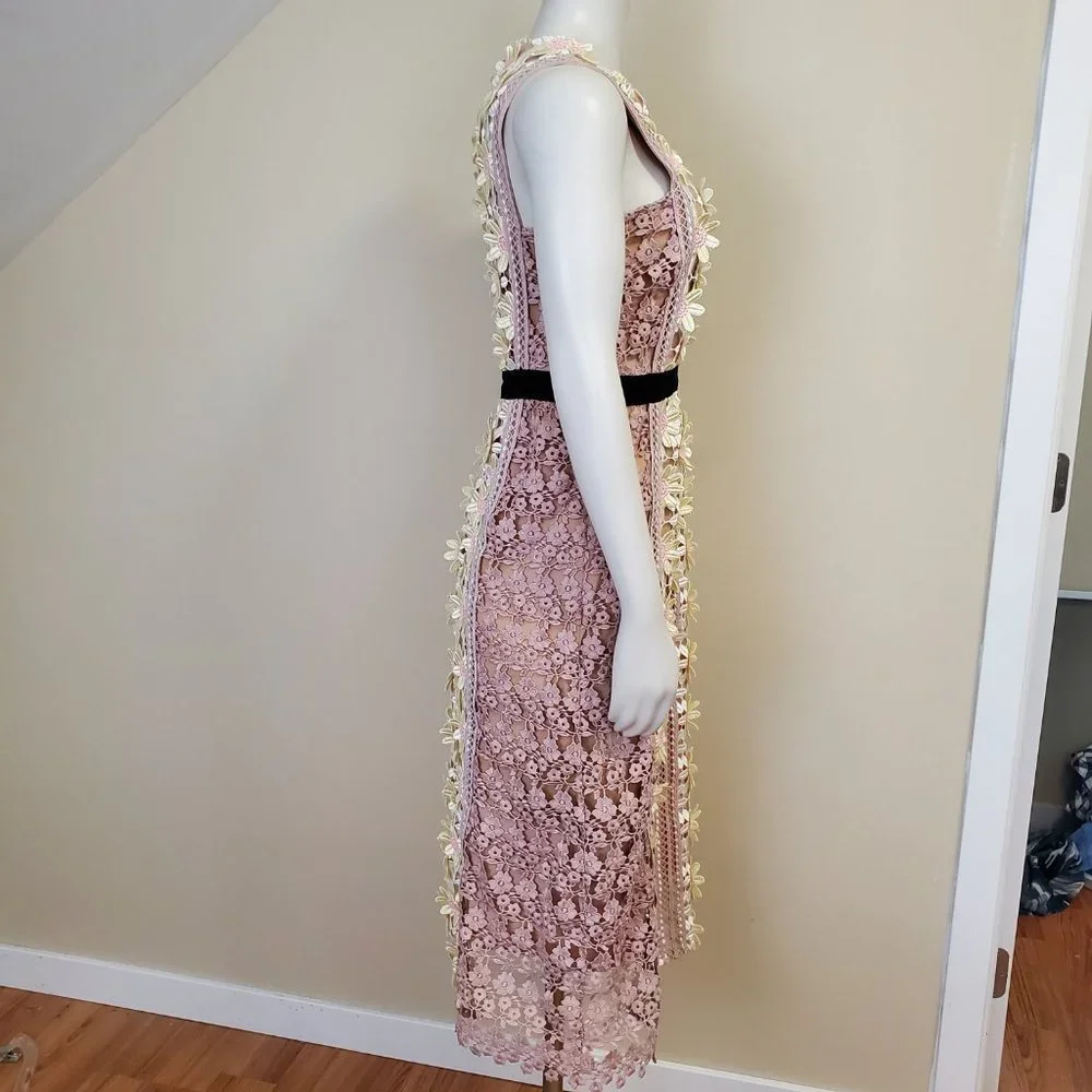 Self Portrait Daisy Floral Applique Lace Nude Illusion Midi Dress Wedding Size 6 - Picture 5 of 13